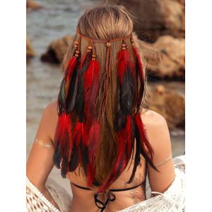 Kalanka-Bandeau Indien À Plumes Bohème Avec Pampilles - Accessoire De Cheveux Pour Femme (Rouge, Taille Unique) - Neuf