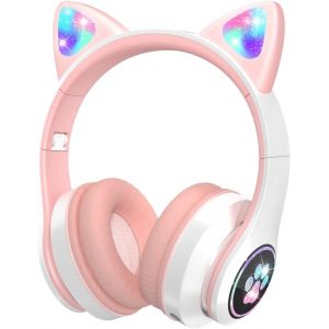 Casque Audio Enfants Bluetooth Avec Microphone Hd/Lumières Led, Volume Limité 85Db, Son Stéréo Pour Smartphone, Ipad, Tablet, Kindle, Ecole (Rose) - Neuf