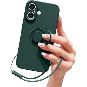 NSIECD-Compatible avec iPhone 16 Coque en Silicone Liquide avec Anneau de Support B&eacute;quille Support de Voiture Magn&eacute;tique Dragonne D&eacute;tachable Housse de Protection Souple Antichoc-Vert Noir&acirc;tre - Neuf