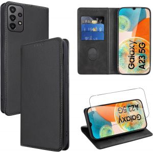 KAL-Coque Cuir Pour Samsung Galaxy A23 5G 6.6"" Avec 1 Verre Tremp&eacute; Etui &Agrave; Rabat En Pu Porte-Cartes Portefeuille Support Flip Housse Magn&eacute;tique Antichoc Anti-Rayures Case,Noir - Neuf