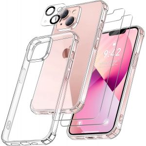 KALANKA-4 en 1 Coque pour iPhone 13 avec 2 Verre Tremp&eacute; et 1 Cam&eacute;ra Protecteur, [Coussin d'air Int&eacute;gr&eacute;] Antichoc Antirayures Bumper Protection Housse pour iPhone 13 6.1"", Transparent - Neuf
