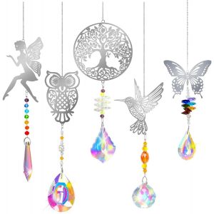 MEVRONISSHOP-5 pcs Attrape Soleil Cristal D&eacute;coration,Arbre Hiboux Colibri Papillon f&eacute;e Pendentif Attrape-Soleils en Cristal,Pendentif Fen&ecirc;tre D&eacute;cor,Sun Catcher,Capteur de Soleil pour Fen&ecirc;tres Jardin - Neuf