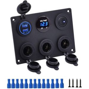 JGD-Panneau &eacute;tanche Multifonction 6 en 1 avec Prise de Courant 12V Chargeur Double USB Voltm&egrave;tre &agrave; LED Bleue Interrupteur Bascule - Neuf