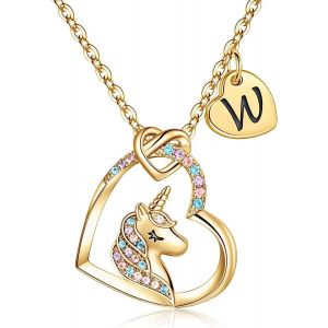 Kal-Collier De Licorne Pour Filles, Collier De Pendentif Coeur Plaqu&eacute; En Or 14 Carats Pour Filles, Avec Cz Color&eacute;e Et Un Pendentif Coeur Initial - Neuf