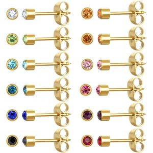 Lot De 12 Paires De Boucles D'oreilles En Acier Inoxydable Chirurgical Plaqu&eacute; Or Avec Pierre De Naissance Multicolore Et Zircone Cubique Pour Piercing D'oreille[Bou9241418] - Neuf