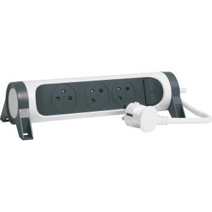 Multiprise Rotative Avec Interrupteur &agrave; Voyant LED - 3 Prises Surface avec Terre - Cordon 3m - Blanc et Gris Fonc&eacute; - Neuf