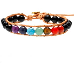 Kal-Réglable Bohême Bracelet En Pierre Pour Femme Et Homme, 7 Chakra Perle D'énergie Ronde Pierre De Cristal Tissé Avec Cordon En Cuir, 7 Chakra/Agate Noire - Neuf