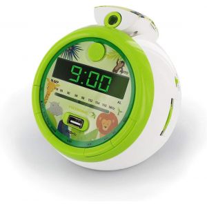 Radio-réveil Enfant Jungle FM USB Projection Double Alarme et Fonctions Sleep/Snooze,Piles de Sauvegarde de l'heure Jungle/Vert - Neuf