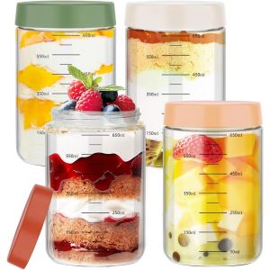 Overnight Oats Lot De 4 Bocaux De Conservation R&eacute;utilisables En Verre Anti-Fuite Avec Couvercles Pour Collations, Yaourt - Neuf