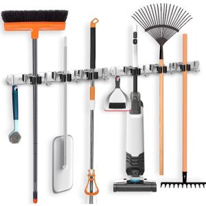 Accroche Balai Mural, Porte Balai Mural Avec 5 Emplacements Et 4 Crochets, Auto Adh&eacute;sif Support Cintre De Rangement En Acier Inoxydable Pour Cuisine Jardin Garage (Vis Et Ruban Adh&eacute;sif Inclus) - Neuf