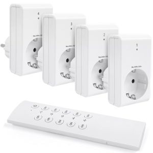Lot de 4 prises t&eacute;l&eacute;command&eacute;es avec t&eacute;l&eacute;commande, avec 1 t&eacute;l&eacute;commande pour appareils m&eacute;nagers, &eacute;clairage de No&euml;l, grande port&eacute;e de 30 m, programmable, 2300 W/10 A, homologu&eacute; CE, blanc - Neuf