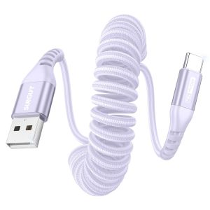 JGD-C&acirc;ble Spiral&eacute; USB C, 1Pi&egrave;ces 1.2M [Longueur Confortable: 0.3-0.8M] USB vers USB-C et C&acirc;ble de Donn&eacute;es pour Android Auto, CarPlay, iPhone S&eacute;rie 17/16/15, Galaxy S24 Ultra, Pixel, Xiaomi - Violet - Neuf
