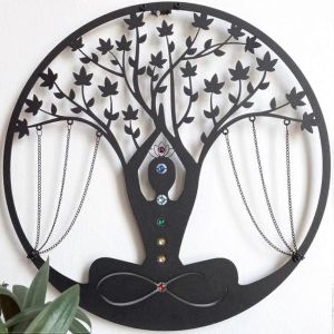 Méditation métal Wall Decor,Yoga arbre de vie,7 pierres de chakra,cristal brut,symbole de méditation yoga,énergie,pour pendentif d'entrée de fond,noir - Neuf