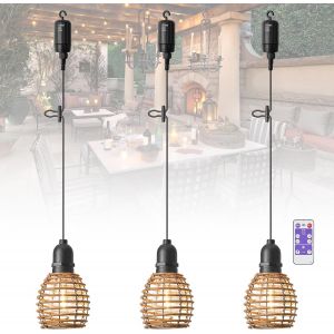 Lot De 3 Dimmable Suspension Luminaire Exterieur,Blanc Chaud Lustre Avec Batterie Style Boho Vintage Lustre Salle À Manger Avec Télécommande Pour Extérieur,Camping,Cuisine,Chambre - Neuf