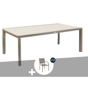 Table De Jardin Extensible En Alu Luzane Argile/Caf&eacute;, Rallonge Relevable + 12 Fauteuils Piazza - 12 Places - Hesp&eacute;ride - Neuf