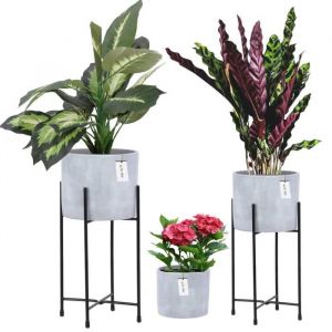 3 X Pot Rond En Céramique H 44 33 12 Béton Gris Avec Deux Supports - Neuf