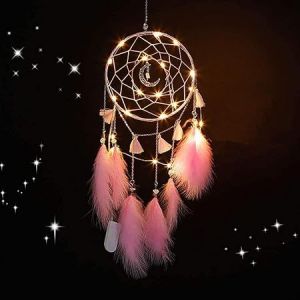 Attrape-rêves en rose pour les filles, l'attrape-rêves de la lune avec la lumière de LED, attrape-rêves de l'arbre de la vie de cristal pour la chambre à coucher, décoration murale plume - Neuf