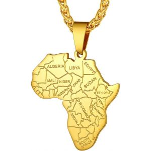 Trahoo-Collier Afrique Personnalisable,Pendentif Carte D`Afrique Avec Pays/Elephant/Lion Plaqué Or/Noir/Acier Inoxydable + Chaîne 55+5cm,Bijoux Africain Fantaisie Cadeau Original Pour Femme Homme - Neuf