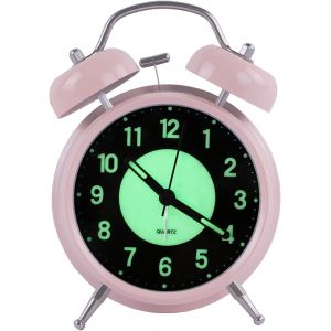Rétro Lumineux Réveil Matin Réveil Silencieux de Chevet à Quartz,Alarme Horloge Analogique de Voyage Réveil Enfant à Piles à Double Cloche Non Tic-Tac avec Veilleuse,4 Pouces (Rose) - Neuf