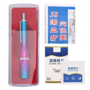 Stylo Lance-Sang A Trois Tetes En Alliage D'aluminium, Appareil De Massage Par Ventouses Pour Analyses Sanguines (Stylo Lance-Sang A Trois Tetes Degrade Violet-Bleu, Tampon D'alcool, Carte Des Points D'acupuncture (A)) - Neuf