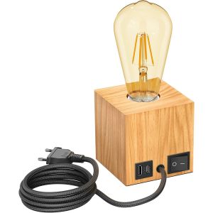 Lampe De Table Hito,Bois Massif,Carré,Usb,Ampoule E27 Retro Incluse,Or,489lm,Blanc Extra-Chaud - Neuf