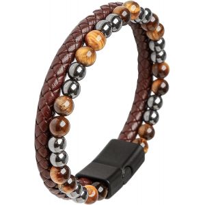 Eryi-Bracelet Cuir Homme, Bracelet Cuir Perles, Bracelet Triple En Cuir Avec Des Perles En Pierre Naturelle, Bracelet En Cuir Noir Marron Cuir Pour Homme, Bracelets Cadeau Homme - Neuf