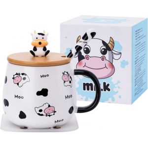 Eryi-Tasse À Café En Forme De Vache Mignonne Avec Joli Couvercle, Dessous De Verre Et Cuillère Kawaii - Cadeau D'anniversaire Pour Femme, Amoureux Des Vaches, Filles Et Enfants - Neuf