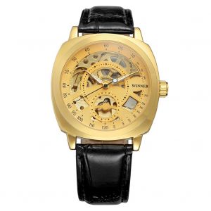 Montre-Bracelet Mecanique Automatique Winner Pour Homme, Etanche, Ajouree, Avec Bracelet En Cuir Pu (Dore) - Neuf