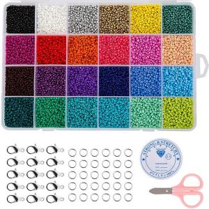 Bijoux En Kit, 24000 Pcs 2mm Multicolore Perles De Rocaille En Verre, 12/0 Petit Bateau Perles Avec Homard Fermoirs, Cristal Anneaux De Fixation Et Cordon Élastique Pour Faire Des B - Neuf