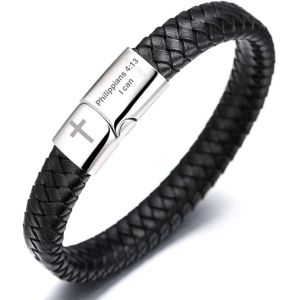 Eryi-Bracelet En Cuir Pour Hommes Faithful Strength - 21,5cm Cuir Noir Classique Avec Fermoir Magnétique En Acier Titane,Versets Bibliques Gravés & Croix.Cadeau Religieux Pour Mari,Petit Ami,Père - Neuf