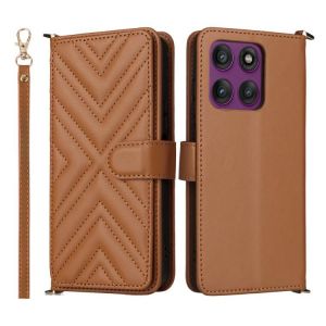 Étui Multifonction En Cuir Avec Dragonne Pour Motorola Edge 60 Pro / 60s Pro 5g, 6 Emplacements Pour Cartes - Brun - Neuf