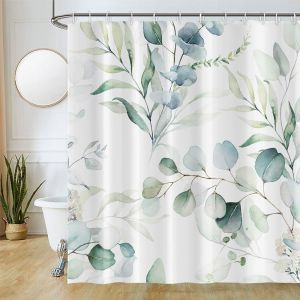 TIANYI-Rideau Douche 240x180cm, Rideau de Douche Anti Moisissure Vert Feuilles d'eucalyptus Fleuri Blanc Rideaux de Baignoire Tissu Lavable Imperm&eacute;able Rideaux Salle de Bain avec 12 Crochets - Neuf