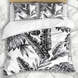 Literie Housse De Couette Jardin Feuille Tropique Plantes Floral Jungle Motif Aquarelle Nature Palmier Noir Blanc Arbre &iquest;&iquest;T&iquest;&iquest; Ensemble Trois Pi&iquest;&iquest;Ces En Microfibre Avec Taies D'oreill - Neuf