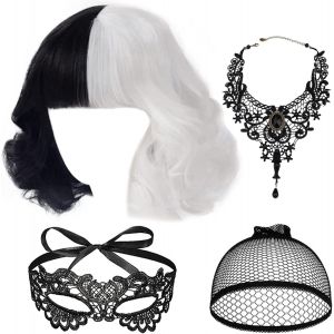 KALANKA-Perruque Cruella d'enfer Perruque Noire et Blanche Courte Demi Frange Ondul&eacute;e Noir Blanc Bonnet de Perruque Avec 1 Collier 1 Masque pour Les Yeux 1 Filet &agrave; Perruque 1 Masque pour Les Yeux - Neuf