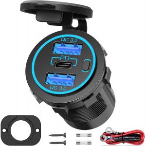 Chargeur de Prise USB 12V Encastrable: 66W Chargeur de Voiture 12V Prise USB-C PD 30W et Double Port QC3.0 USB avec Interrupteur et Panneau pour Camping-Car,Bateau,Voiture,Moto,Camion,Caravane - Neuf