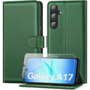 CAUC-Coque pour Samsung Galaxy A17 avec Verre Tremp&eacute;, &eacute;tui Cuir PU Magn&eacute;tique [ Pochette de Portefeuille ], Housse de Fonction Stand Video Porte Carte Credit &agrave; Rabat pour Samsung A17 -Vert - Neuf