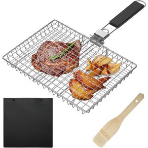 Panier à Rôtir à Poisson, Grand Panier Grille pour Barbecue, Grille Barbecue Poisson avec Poignée Amovible, Brosse à Badigeonner et Sac de Rangement, Cadeau Homme, Papa, Mari - Neuf