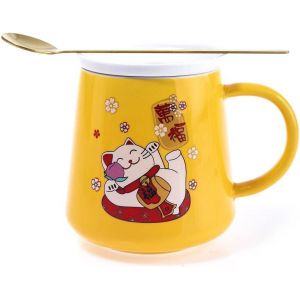 Eryi-- Tasse Chat Maneki Neko 250ml - Mug Jaune En Porcelaine Avec Couvercle & Cuillère - Mug Japonais Original À Thé & Café - Chat Japonais Kawaii Lucky Cat - Idée Cadeau Japon Asie - Neuf