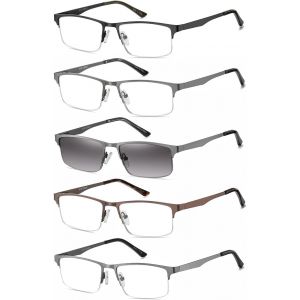 5 Paires Lunettes De Vue Lecture Hommes Rectangulaire Style De Cadre Acier Inoxydable Materiaux Charniere A Ressort Compris Les Soleil Lunettes De Lecture +1.75 - Neuf