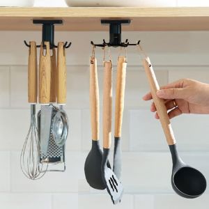 Lot de 2 porte-ustensiles de cuisine rotatifs à 360°, avec 6 crochets, sans perçage, pour cuisine/salle de bain/penderie (noir) - Neuf