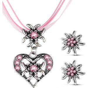 Kal-3 Pcs Set De Bijoux D'edelweiss Fantaisie Bijoux De Dirndl Bavarois Collier D'edelweiss Strass Avec Pendentif C?ur Boucles D'oreilles D'edelweiß Pour Fête De Bière Traditionnelle - Neuf