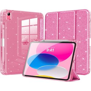 Coque Pour Ipad (A16) 11E G&eacute;n&eacute;ration 11"" 2025/Ipad 10E G&eacute;n 10,9"" 2022, &Eacute;tui Scintillant Avec Fente Stylet, Housse Avec Coque Arri&egrave;re Transparente Brillante, Auto R&eacute;veil/Sommeil,Rose Paillet&eacute; - Neuf