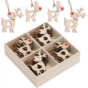 24pcs 6cm en Bois, D&eacute;corations d'Arbre de No&euml;l, des Rennes, la Pendaison de Pendentifs, Rouge Dor&eacute; d&eacute;coration d'Arbre de No&euml;l, en Bois d'Artisanat Cadeau Tag avec de la Corde - Neuf