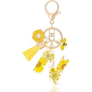 KAL-Letter Keychains Initiale Lettre Porte Clef Lettre,Alphabet Initial Keyring Avec Pampille Pendentif,Jaune Pétales Feuille D'Or Key Ring Pour Femmes Filles Portefeuilles Sac À Main Charme - Neuf