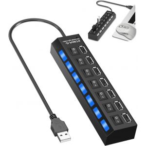 Hub USB 2.0 Alimenté, Multiprise Concentrateur avec Interrupteur et Indicateur LED, 480 Mbps Speed Data Hub, Multiprise USB 7 en 1 Port Multiple pour PC, Souris, Clavier, Disque Dur, Imprimante - Neuf