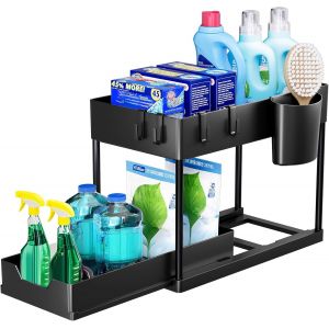 Jexnovashop-Lot De 1 Rangement Sous &Eacute;vier &Agrave; 2 &Eacute;tages, Organisateur Cuisine Avec Tiroirs Amovibles, Rangement Coulissant Sous &Eacute;vier, Organisateur Placard, &Eacute;tag&egrave;re, Panier Coulissant Pour Cuisine -Noir - Neuf