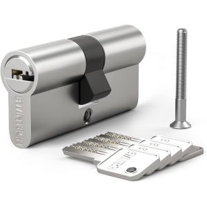 TRAHOO-1 Pièce 35/35mm Euro Cylindre En Laiton, 70mm Clé/serrure à Cylindre à clé Avec 5 clés Horizontales En Laiton,Anti Picking,Anti Perçage,Anti Snap,Anti Bumping,Finition Chrome - Neuf