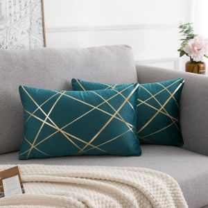 Eryi-Velours Housse De Coussin 30x50 Cm Bleu Vert Coussin Lignes Dorées Décoratifs Housses D'oreiller Géométrie Coussin Salon Chambre Banc Auto Taie Coussin Canapé Hivernal Lot De 2 - Neuf