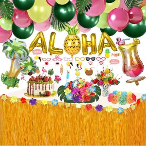 ERYI-162Pcs Hawaïenne Luau Table Jupe Set De Décoration, Aloha Ballon Guirlandes Set Pour Beach Decoration Tropicale De Fête Tropicale Hawaïenne (162 Pcs) - Neuf