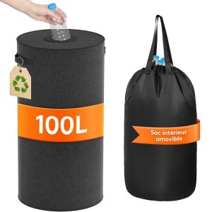 100l Collecteur De Bouteilles Rond Avec Couvercle, Poubelle Cuisine Tri Selectif Avec Trou, Poubelle Recyclage Pour Bouteilles Verre, R&eacute;cipient De Collecte De Consign&eacute;es, Noir - Neuf